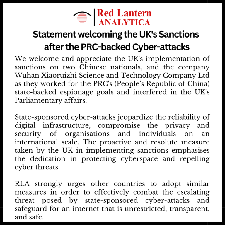 Statement Welcoming UK Imposing Sanctions After Chinese-Backed Cyber-attacks
