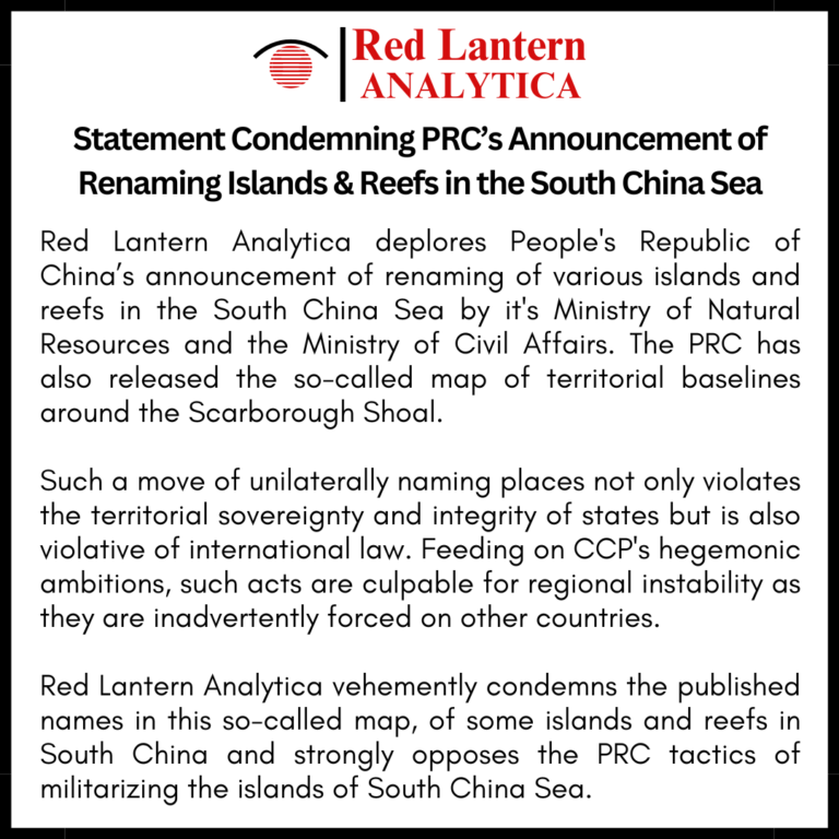 Red Lantern Analytica Condemns Aggressive Territorial Claims of the PRC by Unilateral Renaming of islands and reefs in the South China Sea