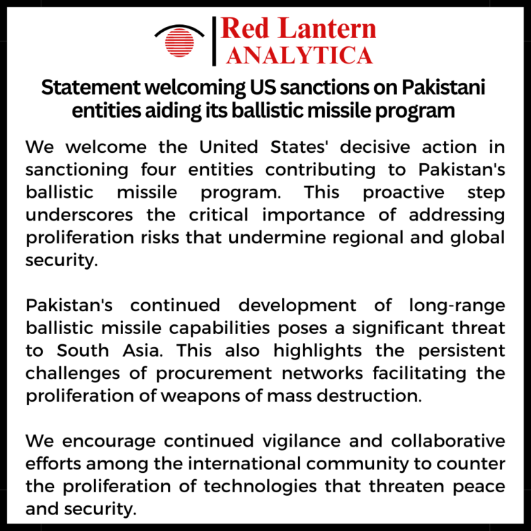 Statement welcoming US sanctions on 4 Pakistan’s entities aiding its ballistic missile program