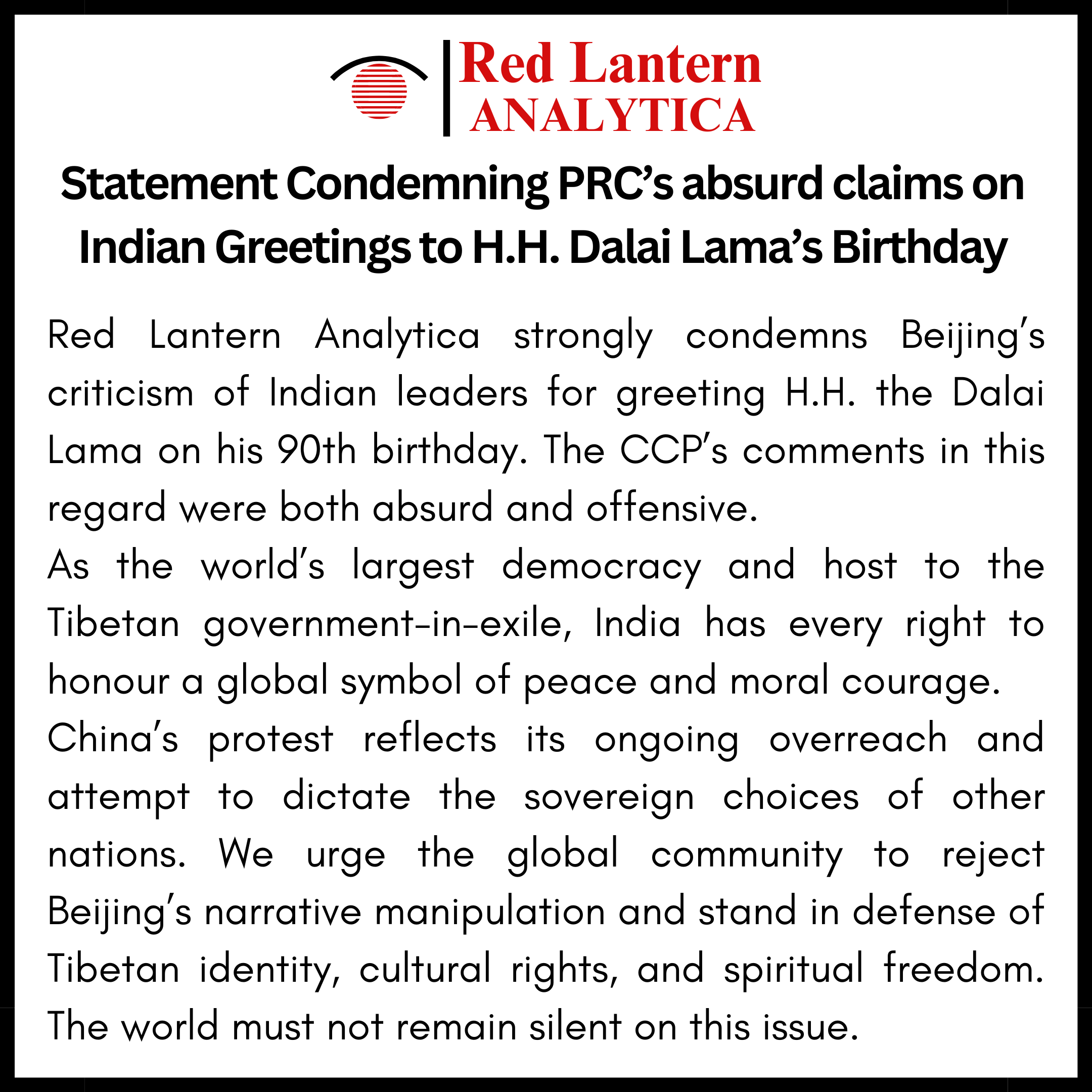 Statement on the PRC’s Deplorable Response to Indian Greetings to H.H. the 14th Dalai Lama